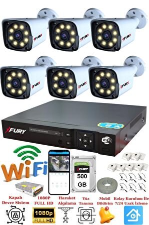 FURY 6 Kameralı 5mp Lens 1080p 2mp Color Görüntü 8 Warm Led Gece Görüş FullHd Güvenlik Kamera 5520W 500GB