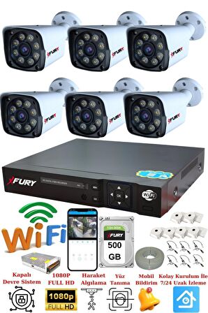 FURY 6 Kameralı 5mp Lens 1080p 2mp Color Görüntü 8 Warm Led Gece Görüş FullHd Güvenlik Kamera 5520W 500GB