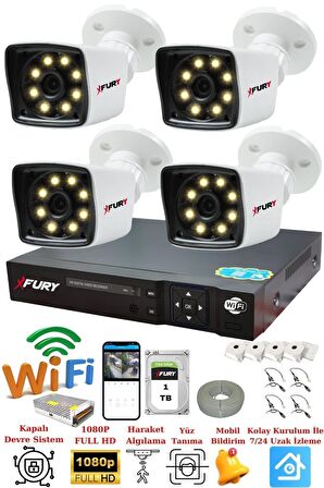FURY 4 Kameralı 5mp Lens 1080p 2mp Color Görüntü 8 Warm Led Gece Görüş FullHd Güvenlik Kamera 5525W 1 TB