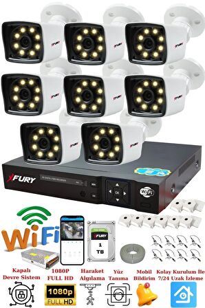 FURY 8 Kameralı 5mp Lens 1080p 2mp Color Görüntü 8 Warm Led Gece Görüş FullHd Güvenlik Kamera 5525W1TB