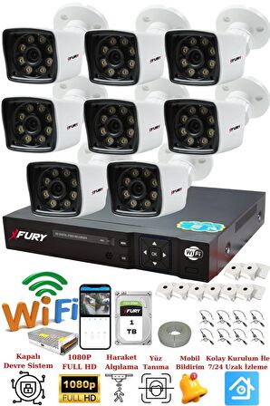FURY 8 Kameralı 5mp Lens 1080p 2mp Color Görüntü 8 Warm Led Gece Görüş FullHd Güvenlik Kamera 5525W1TB