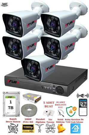 FURY 5 Kameralı 5mp Lensli 1080P 2mp Görüntü 6 Atom Gece Görüşlü FullHd Güvenlik Kamerası 5525A 1TB