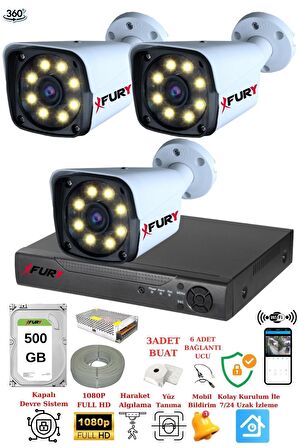 FURY 3 Kameralı 5mp Lens 1080p 2mp Color Görüntü 8 Warm Led Gece Görüş Fullhd Güvenlik Kamera 5520w 500