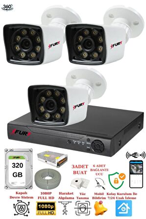 FURY 3 Kameralı 5mp Lens 1080p 2mp Color Görüntü 8 Warm Led Gece Görüş FullHd Güvenlik Kamera 5525W 320