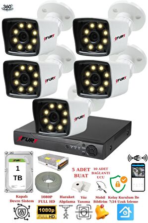 FURY 5 Kameralı 5mp Lens 1080p 2mp Color Görüntü 8 Warm Led Gece Görüş FullHd Güvenlik Kamerası 5525W 1TB