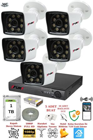 FURY 5 Kameralı 5mp Lens 1080p 2mp Color Görüntü 8 Warm Led Gece Görüş FullHd Güvenlik Kamerası 5525W 1TB