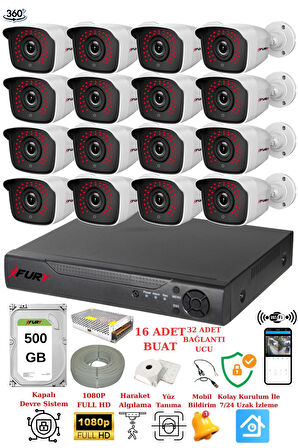 FURY 16 Kameralı 5mp 3.6mm Lens 2mp Görüntü 36 Led Gece Görüşlü Full Hd Güvenlik Kamerası 2236 500 GB