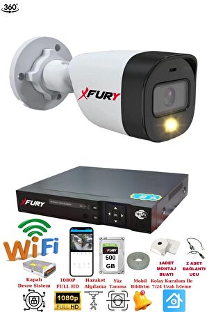 FURY 1 Kameralı 1080P 2Mp Görüntü Gece Renkli Full Hd Ultra Led Gece Renkli Güvenlik Kamerası Seti 500GB