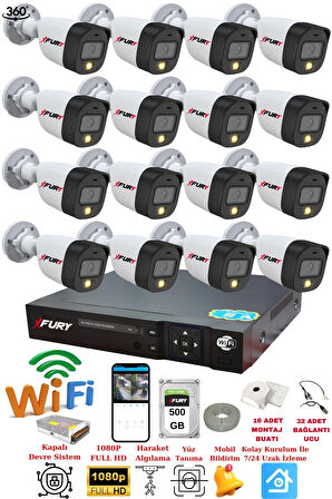 FURY 16 Kameralı 1080P 2Mp Görüntü Gece Renkli Full Hd Ultra Led Gece Renkli Güvenlik Kamerası Seti 500GB