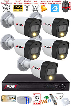 FURY 5 Kameralı 5Mp Lens 2 Mp Görüntü Gece Renkli Full Hd Ultra Led Akıllı Güvenlik Kamerası Seti 500GB