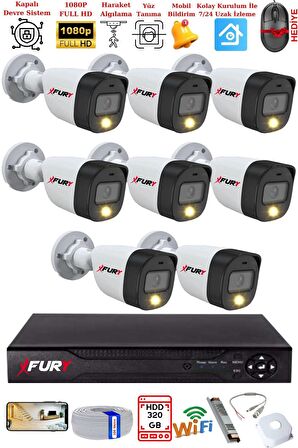 FURY 8 Kameralı 5Mp Lens 2 Mp Görüntü Gece Renkli Full Hd Ultra Led Akıllı Güvenlik Kamerası Seti 320GB