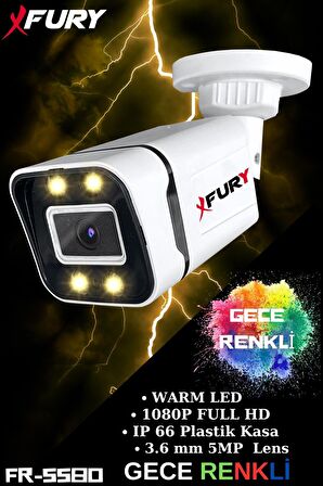 FURY Gece Renkli - 5mp Lens 1080p Full HD Ahd Güvenlik Kamerası 4 x Ultra Led Renkli Gece Görüş 5580
