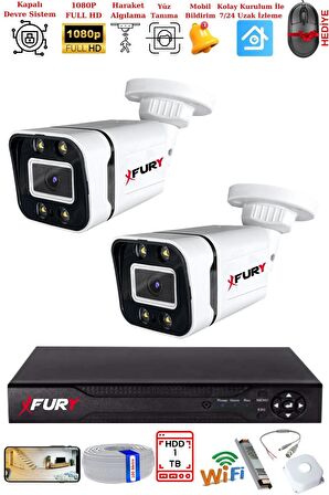 FURY 2 Kameralı 1080P Görüntü Gece Renkli Full Hd 4 x Ultra Led Gece Renkli Güvenlik Kamerası Seti 1 TB