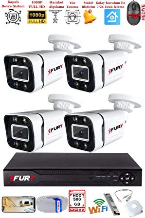 FURY 4 Kameralı 1080P Görüntü Gece Renkli Full Hd 4 x Ultra Led Gece Renkli Güvenlik Kamerası Seti 500GB