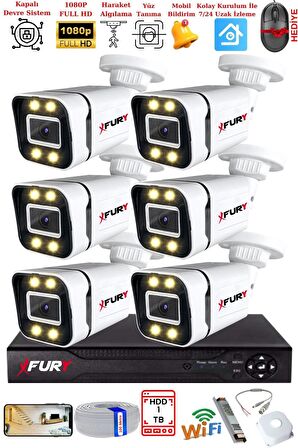 FURY 6 Kameralı 1080P Görüntü Gece Renkli Full Hd 4 x Ultra Led Gece Renkli Güvenlik Kamerası Seti 1TB