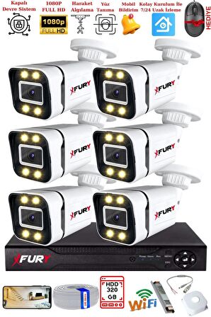 FURY 6 Kameralı 1080P Görüntü Gece Renkli Full Hd 4 x Ultra Led Gece Renkli Güvenlik Kamerası Seti 320GB