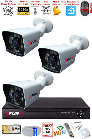 FURY 3 Kameralı 2MP Full HD Görüntü 6 Atom Led Gece Görüşlü Dış Mekan Güvenlik Kamerası Seti 500GB