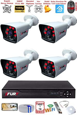 FURY 4 Kameralı 2MP Full HD Görüntü 6 Atom Led Gece Görüşlü Dış Mekan Güvenlik Kamerası Seti 1TB