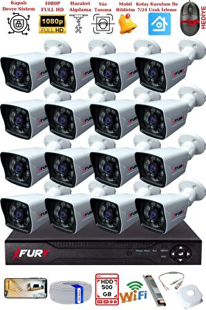 FURY 16 Kameralı 2MP Full HD Görüntü 6 Atom Led Gece Görüşlü Dış Mekan Güvenlik Kamerası Seti 500GB