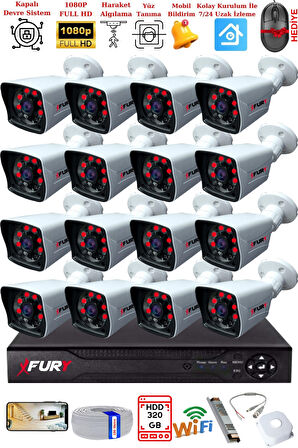 FURY 16 Kameralı 2MP Full HD Görüntü 6 Atom Led Gece Görüşlü Dış Mekan Güvenlik Kamerası Seti 320GB