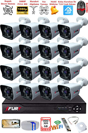 FURY 16 Kameralı 2MP Full HD Görüntü 6 Atom Led Gece Görüşlü Dış Mekan Güvenlik Kamerası Seti 320GB