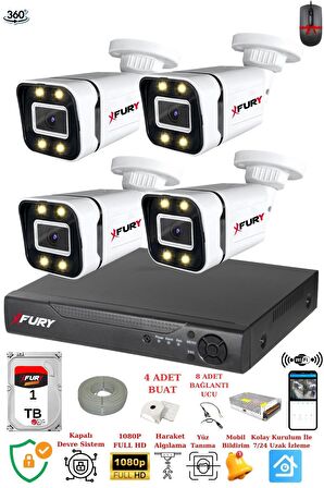 FURY 4 Kameralı Full Hd Gece Renkli - Su Geçirmez Ultra Led Güvenlik Kamerası Seti 1TB