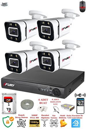 FURY 4 Kameralı Full Hd Gece Renkli - Su Geçirmez Ultra Led Güvenlik Kamerası Seti 1TB