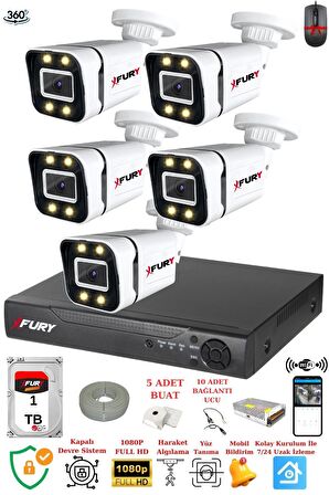 FURY 5 Kameralı Full Hd Gece Renkli - Su Geçirmez Ultra Led Güvenlik Kamerası Seti 1TB