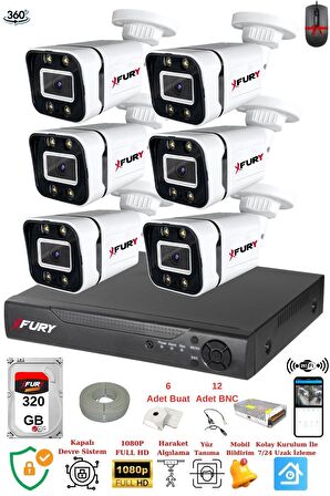 FURY 6 Kameralı Full Hd Gece Renkli - Su Geçirmez Ultra Led Güvenlik Kamerası Seti 320GB