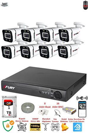 FURY 8 Kameralı Full Hd Gece Renkli - Su Geçirmez Ultra Led Güvenlik Kamerası Seti 1TB