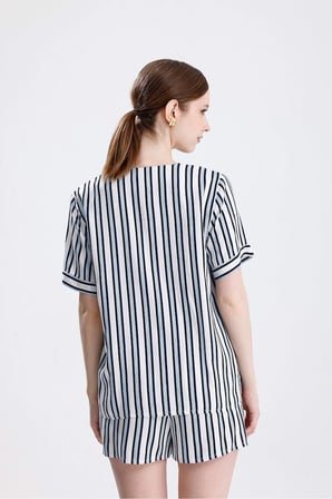 Laperissa Kadın Pijama Takımı Çok Renkli 2XL Yazlık Viskon Çizgili Şortlu Kısa Kollu Gömlek Yaka