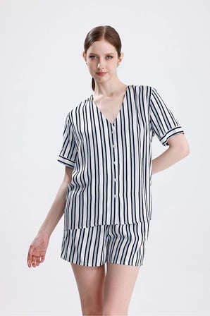Laperissa Kadın Pijama Takımı Çok Renkli 2XL Yazlık Viskon Çizgili Şortlu Kısa Kollu Gömlek Yaka