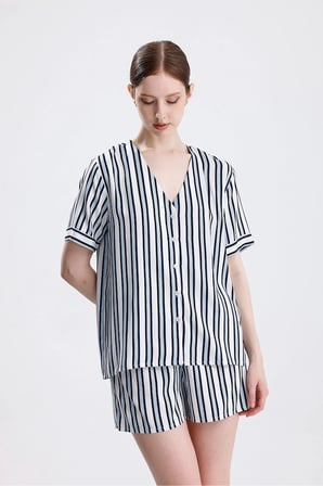 Laperissa Kadın Pijama Takımı Çok Renkli 2XL Yazlık Viskon Çizgili Şortlu Kısa Kollu Gömlek Yaka