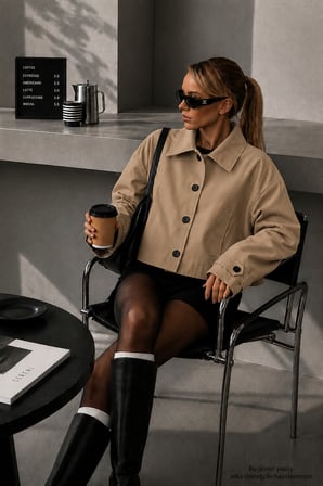 Laykmayk Kadın Oversize Bej Kısa Trençkot Ceket