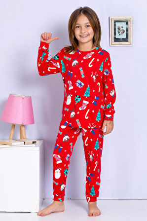 Kız Çocuk Yeni Yıl Yılbaşı Noel Temalı Kırmızı Pijama Takımı