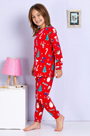 Kız Çocuk Yeni Yıl Yılbaşı Noel Temalı Kırmızı Pijama Takımı