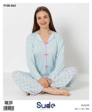 Sude Kadın Pijama Takımı Alaçatı Mavi Desenli XL