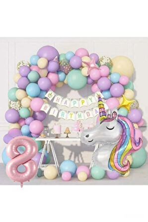 Kız Çocuklar Için 8 Yaş Unicorn Lüks Doğum Günü Parti Seti Süsü