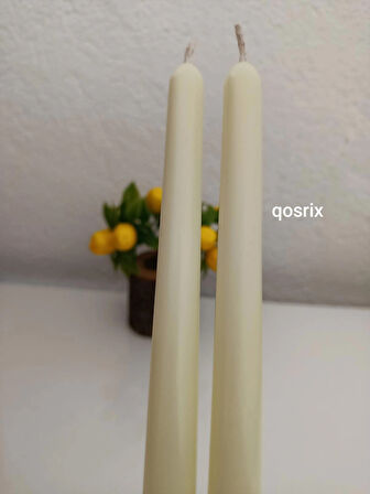 qosrix 2'li Açık Krem Şamdan Soya Mumu 1. Kalite Soya Doğal Pudra Kokulu Uzun Çubuk Konik Mum Dekoratif