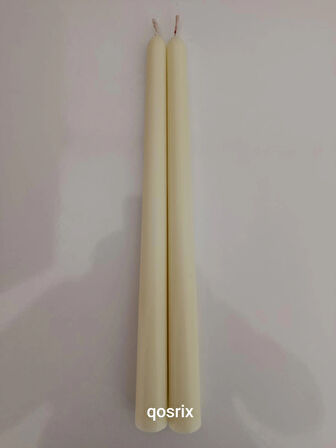 qosrix 2'li Açık Krem Şamdan Soya Mumu 1. Kalite Soya Doğal Pudra Kokulu Uzun Çubuk Konik Mum Dekoratif