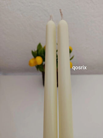 qosrix 2'li Açık Krem Şamdan Soya Mumu 1. Kalite Soya Doğal Pudra Kokulu Uzun Çubuk Konik Mum Dekoratif