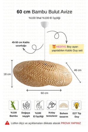 Bohem Bambu Bulut Sarkıt Avize Lamba 60cm - Iskandinav, Modern, Bohem, Rattan Aydınlatma