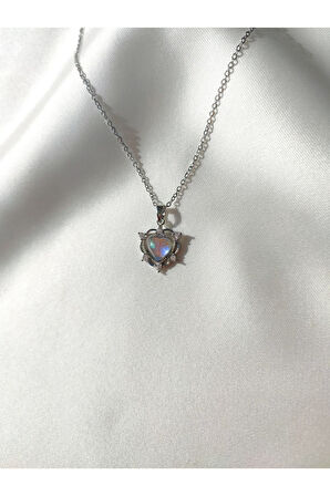 Kadın Paslanmaz Çelik Silver Opal Taşlı Kalp Kolye Hediyelik Şık