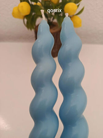 qosrix 2'li Açık Mavi Italyan Burgulu Şamdan Soya Mumu Doğal Kokulu Uzun Çubuk Konik Burgu Spiral Mum Dekoratif