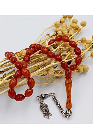 Turuncu Hareli Arpa Kesim Alpaka Püskül Kehribar Tespih