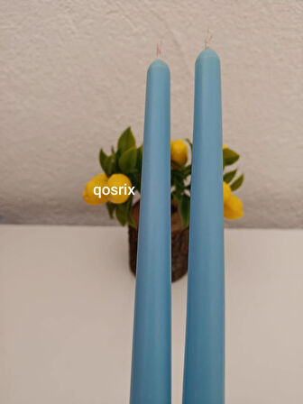 qosrix 2'li Açık Mavi Şamdan Soya Mumu 1. Kalite Soya Doğal Pudra Kokulu Uzun Çubuk Konik Mum Dekoratif