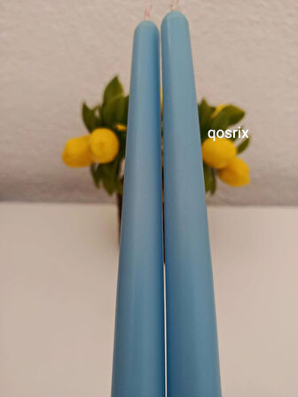 qosrix 2'li Açık Mavi Şamdan Soya Mumu 1. Kalite Soya Doğal Pudra Kokulu Uzun Çubuk Konik Mum Dekoratif