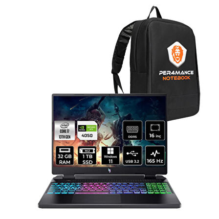 ACER Nitro 16 i7-13620H 32GB 1TB SSD RTX4050/6GB 140W 16'' 165Hz WUXGA W11H Gaming Laptop & ÇANTA