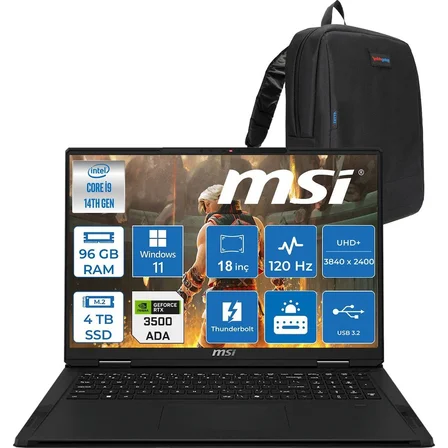 MSI Msı Creatorpro X18 Hx A14VKSG-481TR Intel Core I9 14900HX 96GB Ddr5 4tb SSD Windows 11 Pro Rtx 3500 Ada Gddr6 12GB 175W 18 Inç Uhd+ (3840×2400) 120Hz Mobil Iş Istasyonu 481TRP14 + Zetta Çanta