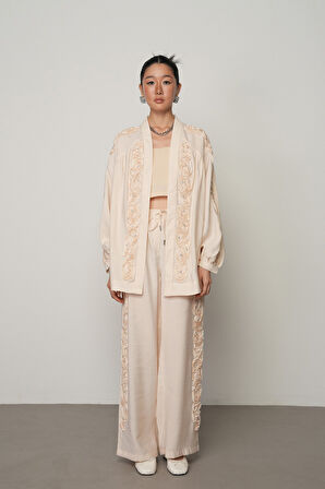 Kadın Şerit Gül ve Taş Detaylı Düz Oversize Kimono